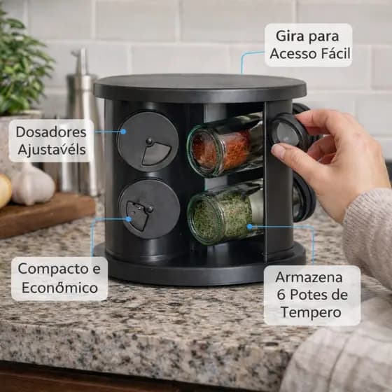 Porta Temperos 6 Potes de Vidro e Condimentos Giratório Cozinha Organizador