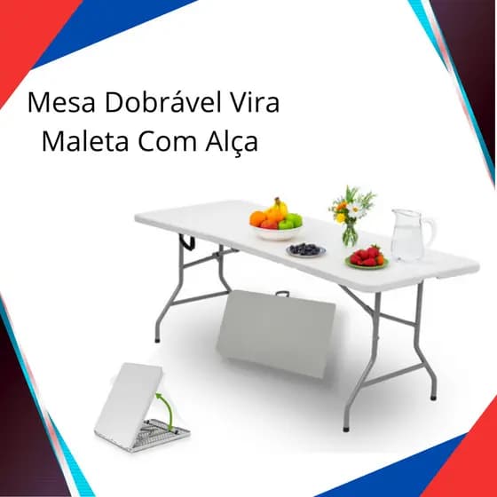 Mesa Dobrável Portátil 1,80m Vira Maleta Com Alça Resistente