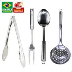 Kit Utensílios Cozinha Inox Amigold Pegador Colher Garfo Escumadeira Aço Inoxidável