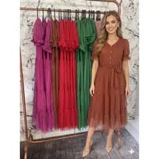 Vestido mid de tule moda evangélica casual, Vestido Congresso Fardamento Luxo Igreja  Tule Trabalhado Elegante