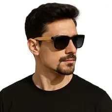 Óculos de Sol Madeira Bambu Masculino Quadrado UV400 Premium Estiloso para Dia a Dia