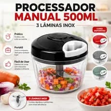 Processador Manual de Alimentos 500ml 3 Lâminas Inox Triturador de Alho Cebola Legumes para Temperos