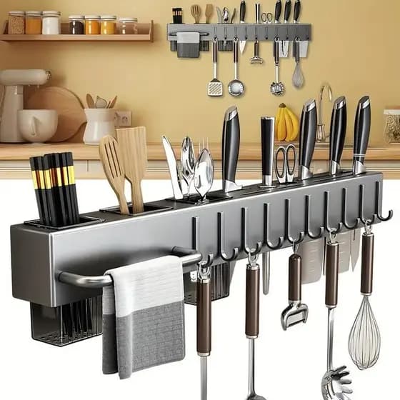 Porta Tempero 50cm Organizador de Cozinha sem Perfuração Suporte para Talheres e Utensílios com Espaço para Facas