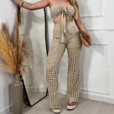 Conjunto Saida De Praia Feminina Tricot Cropped Feminino Top Amarração Calça Saida De Praia Verão