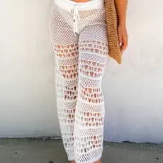 Calça Tricot Rendada Pantalona Saída de Praia Feminino Elástico Estilosa Moda Verão Praia Chic