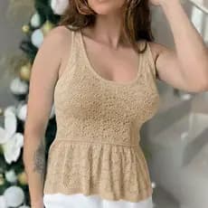 Blusa Feminina Estilosa Tricot Modal Furada Babado Cropped Feminino Elegante Tamanho Único