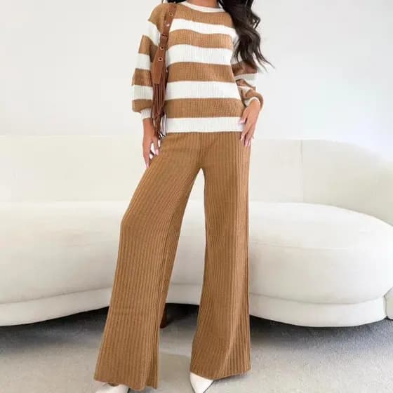 Conjunto Feminino Mousse Listrado Pantalona Elegante Blusa De Frio Feminina Inverno Premium