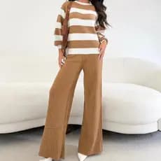 Conjunto Feminino Mousse Listrado Pantalona Elegante Blusa De Frio Feminina Inverno Premium