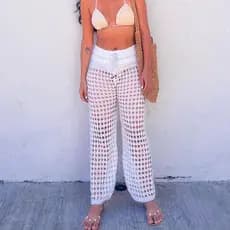 Calça Saída De Praia Feminina Pantalona Tricot Rendada com Elástico e Cós Alto Moda Verão Piscina