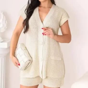 Conjunto Feminino Tricot Colete com Botões e Short Elástico Blusa Feminina Estilosa Roupa Feminina
