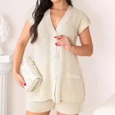Conjunto Feminino Tricot Colete com Botões e Short Elástico Blusa Feminina Estilosa Roupa Feminina