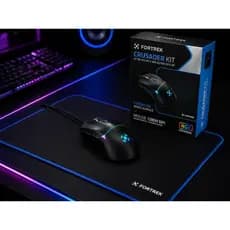 Kit Mouse Gamer RGB Fortrek Crusader 12800 DPI + Mousepad Gamer Grande Speed Costurado PC Notebook