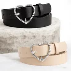 Kit 2 Cintos Femininos Fivela Prata Coração Com Furos Simples Tendência Da Moda Blogueira Casual - Ísis