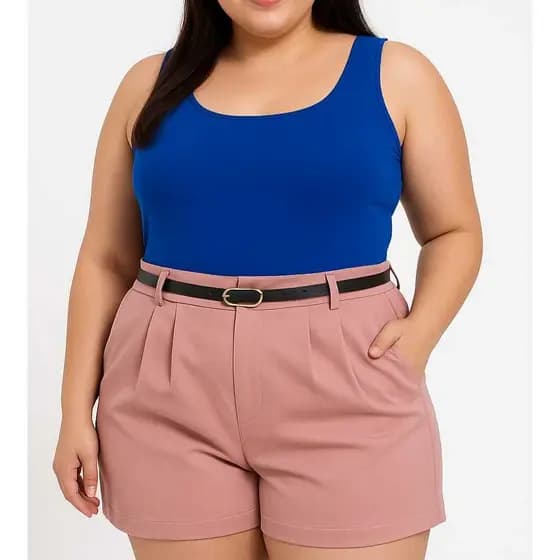 Short Feminino Plus Size Alfaiataria Cintura Alta Com Bolso Moda 2026