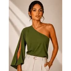 Blusa Feminina Um Ombro Manga Longa Assimétrica Elegante Social Tecido Duna Premium