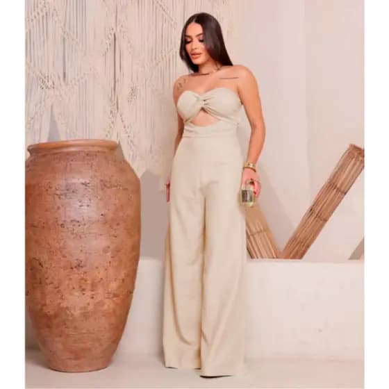 Macacão Feminino Tomara que Caia Pantalona Longo com Amarração nas Costas Elegante Moda 2026