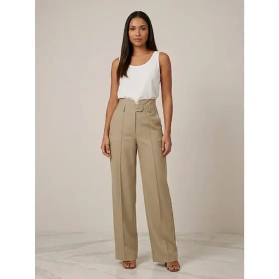 Calça Alfaiataria Feminina Cintura Alta Modeladora Detalhe V Social Elegante Trabalho