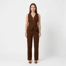 25153 Conjunto Feminino Alfaiataria Colete Assimétrico Botões Dourados Calça Pantalona Social Elegante