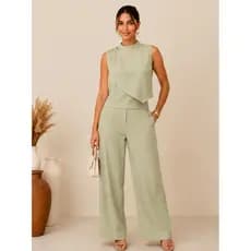 Conjunto Feminino Alfaiataria Blusa Regata Gola Alta E Calça Pantalona Social Look Office Elegante COD 25140