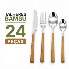 Jogo Talheres 24 Peças Cabo Bambu Inox Conjunto Completo Cozinha Mesa Posta
