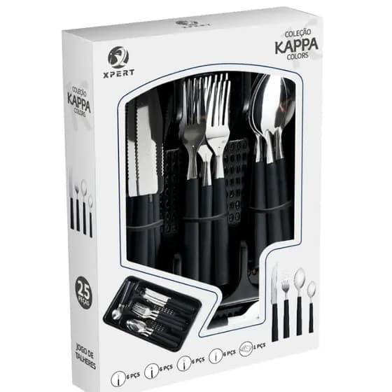Jogo de Talheres Conjunto Faqueiro Preto Inox 25 Peças Com Porta Talher Preto