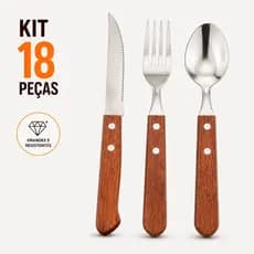 18 Talheres Grandes Churrasco Madeira Inox Casa Utensílios