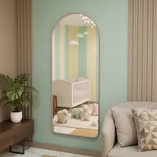 Espelho Oval Flame Para Quarto Infantil Feminino Madri Base Reta Moldura de Couro 120cm x 50cm