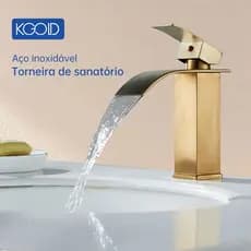Torneira De Banheiro Tipo Cascata, Misturador Monocomando, Bica Baixa - Ouro Escovado