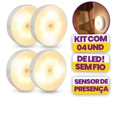 4 Lâmpadas LED com Sensor Movimento e Presença Sem Fio Recarregável Versátil Detecção 360 Graus