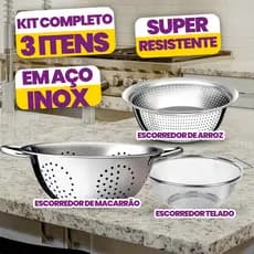 Kit 3 Peças Escorredores Massa + Arroz + Telado Inox Grande 24cm Qualidade Premium