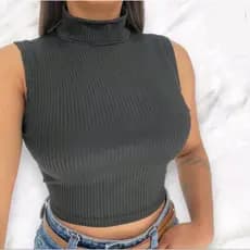 Cropped Gola Alta Feminino Canelado Básico e Versátil