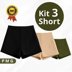 Kit 3 Short Alfaiataria Cintura Alta Feminino Com Zíper Lateral