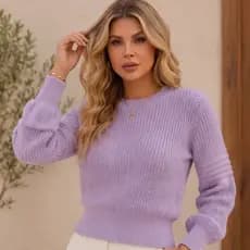 Blusa de Frio Feminina Tricot Manga Longa Bufante Canelado Inverno Casual