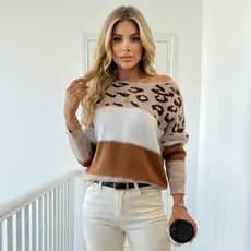 Blusa de Frio Feminina Manga Longa Tricot Gola Canoa Onça Inverno Casual Básica