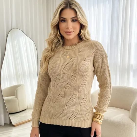 Blusa Feminina de Tricô Manga Longa Vazada Trabalhada Inverno Casual Social Dia a Dia Elegante