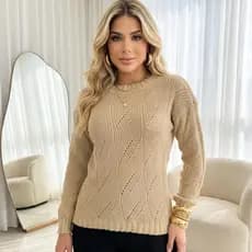 Blusa Feminina de Tricô Manga Longa Vazada Trabalhada Inverno Casual Social Dia a Dia Elegante