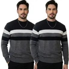 Kit 2 Blusa Masculina Manga Longa Gola Redonda Suéter Tricot Listrado