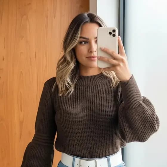 Blusa Feminina Tricô Manga Bufante Gola Redonda Inverno Texturizada