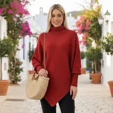 Poncho Feminino Tricot Gola Alta Manga Longa Relevo Geométrico Sofisticado Inverno Frio