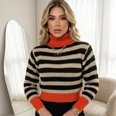Blusa Feminina Cropped Tricô Listrada Gola Alta Manga Longa Inverno Casual Dia a Dia Elegante