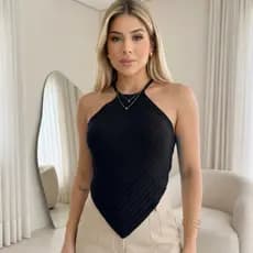 Blusa Tricot Frente Única Canelada Bico Assimétrica Verão Elegante Casual Dia a Dia Feminina