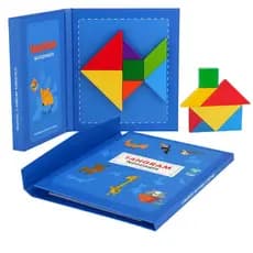 Brinquedo Educativo Tangram de Madeira Magnético Infantil – 7 Peças Coloridas com Livro de Desafios