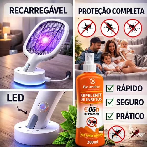 Kit Raquete Elétrica com Base + Spray Repelente 200ml