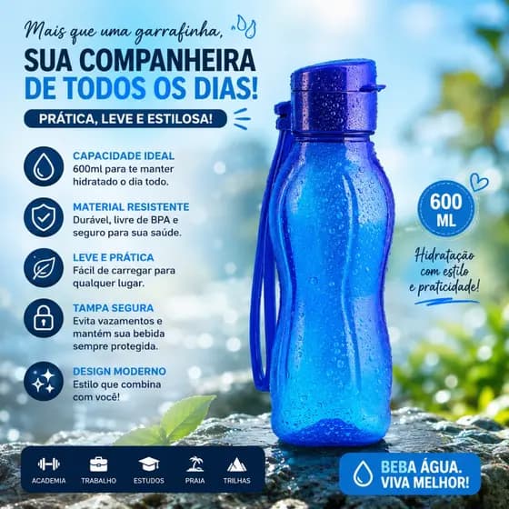 Kit 2 garrafas squeeze 600 ml Desing ergonômico e leve