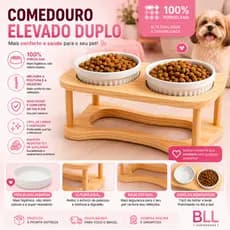 Comedouro Bebedouro Duplo Elevado Para Caes Cachorros E Gatos 330ML Branco