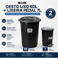 Cesto Lixeira Grande 60L com tampa+ Lixeira 7 Litros Com Pedal
