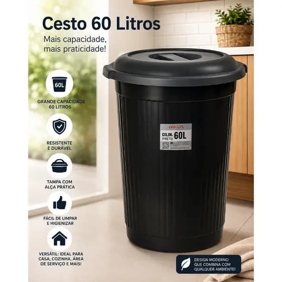 Cesto Lixeira Grande 60L com tampa– Robusta, Funcional e de Alta Qualidade