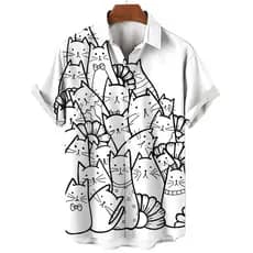 Camisa Masculina De Manga Curta Moda Cartoon Linha Gato Padrão Impressão Topo Feminino Casual Botão