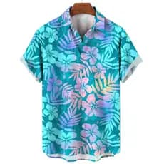 Camisa Masculina Verão Nova Havaiana Casual De Praia Manga Curta Flor Planta Lapela Roupas De Férias Vestuário