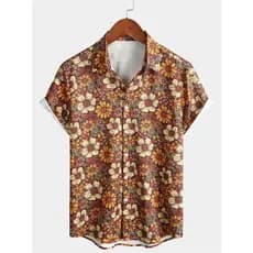 Top Masculino Vintage Floral Com Botões 70s Manga Curta Praia Verão Retrô Marrom Havaiano Camisa